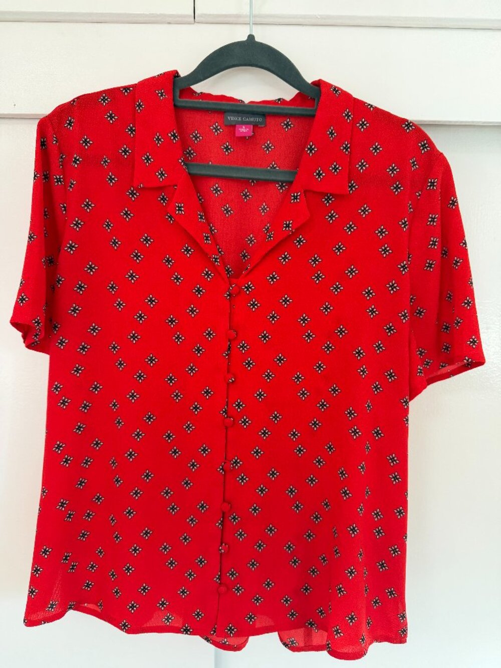Vince Camuto Red Button Down Blouse With Black & White Floral Design